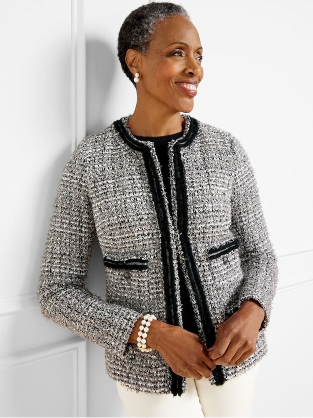 Talbots Gray Bouclé Jacket with Black Trim